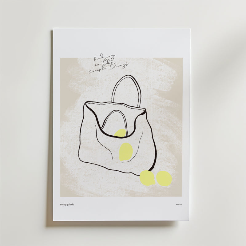 Everyday Ritual Poster by Bozetto visar en minimalistisk linjeteckning av en öppen tygväska med gula ovaler och handskriven text: "find joy in the simple things-celebrating vardagens ritualer och hemmets estetik.
