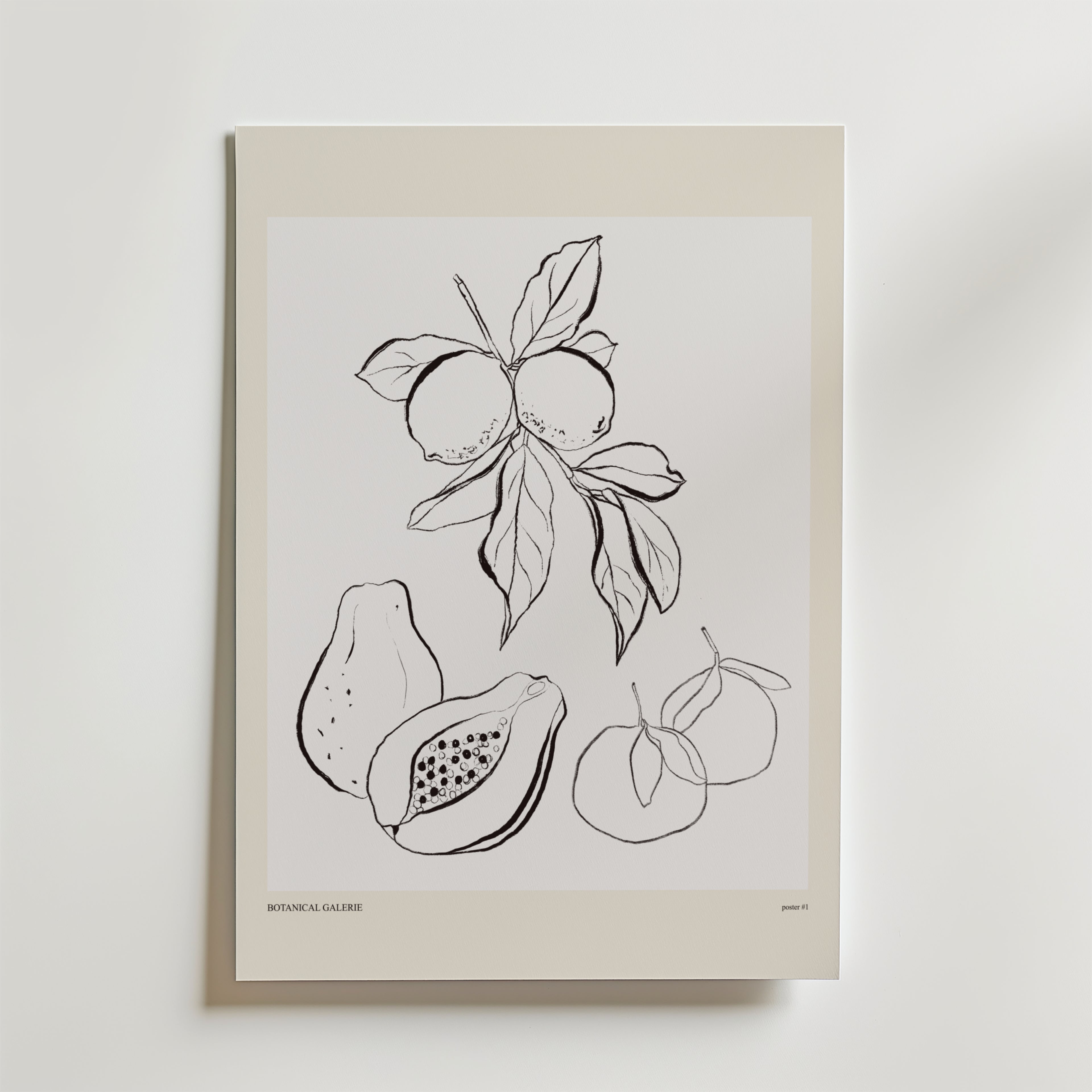 The Shape Of Plenty Poster by Bozetto visar en minimalistisk svartvit botanisk illustration av citrusfrukter och papayor på en vit bakgrund med en ljusbeige kant och erbjuder en modern fruktstil för alla konstnärliga postersamlingar.