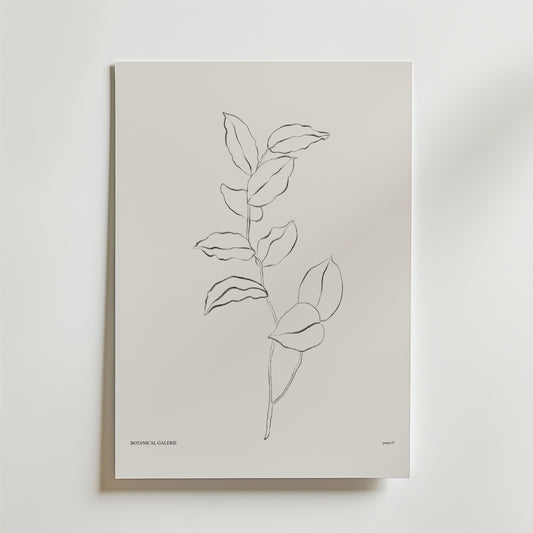 Breath Of Green Poster by Bozetto har en minimalistisk linjeteckning av en bladväxt på en vit canvas som för tankarna till naturens renhet, med "BOTANICAL GALLERY" tryckt i liten text i det nedre vänstra hörnet.