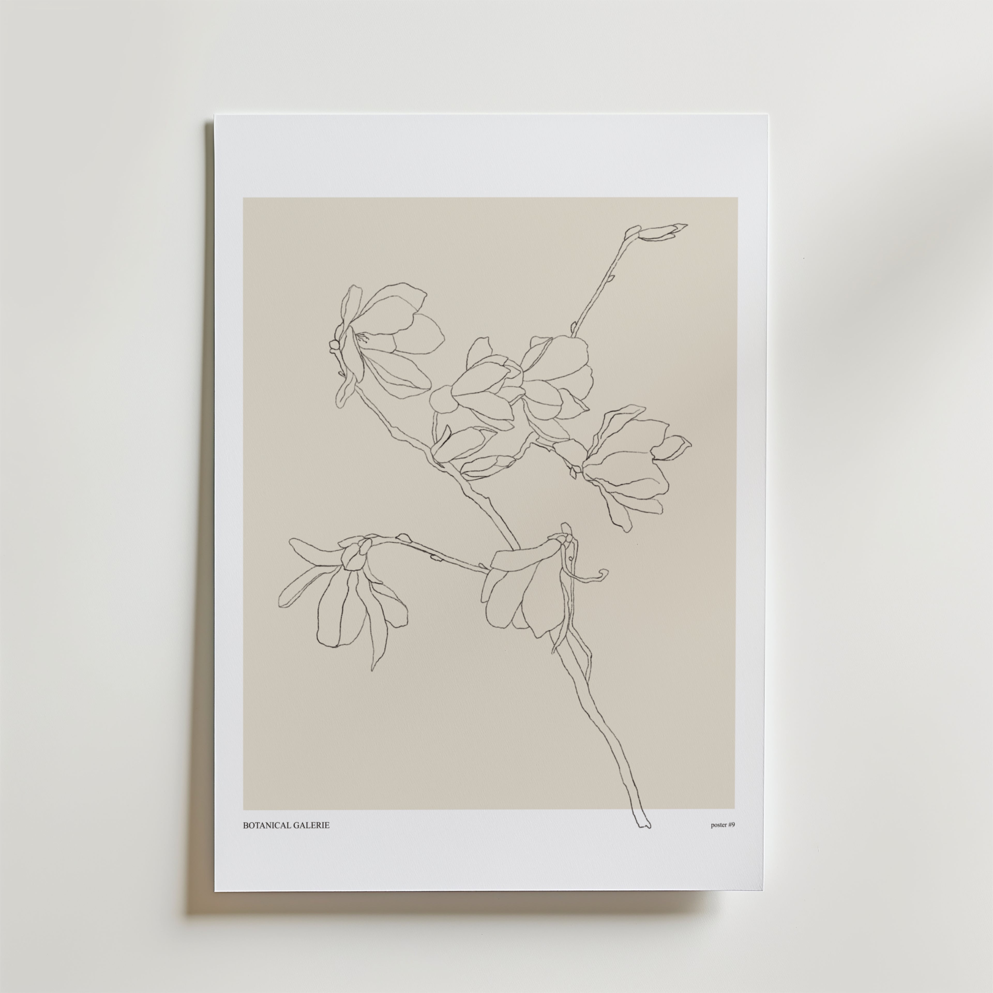 Soft Reaching Poster by Bozetto har en minimalistisk botanisk linjeteckning i beige, centrerad på en vit matta med BOTANICAL GALLERY text och sidnummer. Denna rena, moderna design ger elegant inredning och harmoni i hemmet till ditt utrymme.