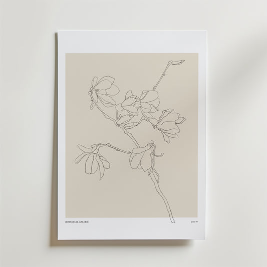 Soft Reaching Poster by Bozetto har en minimalistisk botanisk linjeteckning i beige, centrerad på en vit matta med BOTANICAL GALLERY text och sidnummer. Denna rena, moderna design ger elegant inredning och harmoni i hemmet till ditt utrymme.