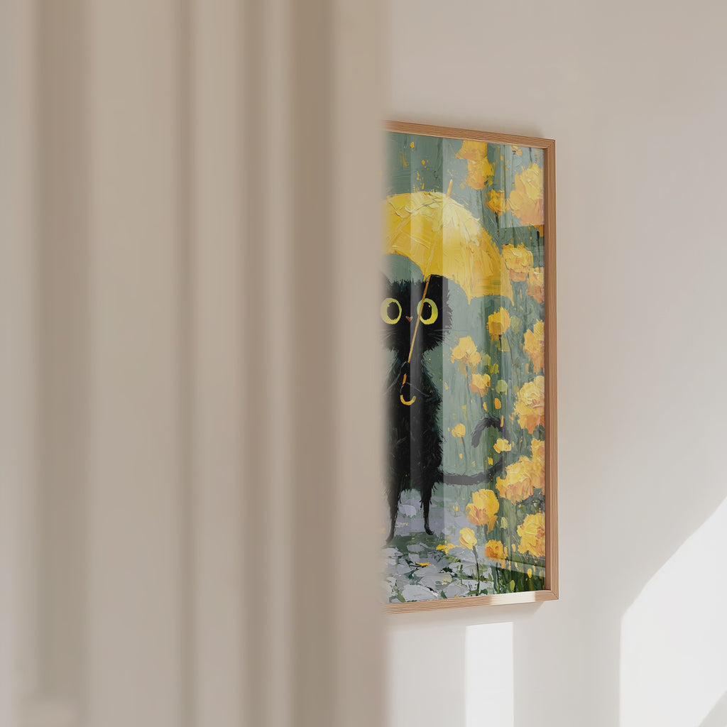 Umbrella Cat in Yellow Garden Poster – väggvideo