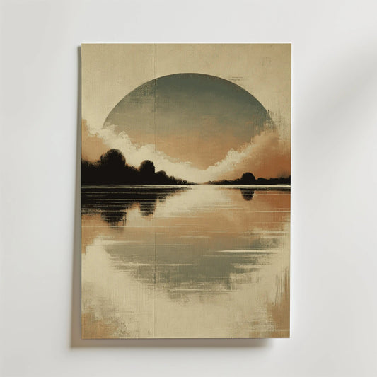 Bozetto Ethereal Horizon Poster visar en stor sol eller måne ovanför en lugn sjö, träd i silhuett vid horisonten och mjuka moln som reflekteras i vattnet, allt tryckt på premiumpapper med en elegant matt yta.