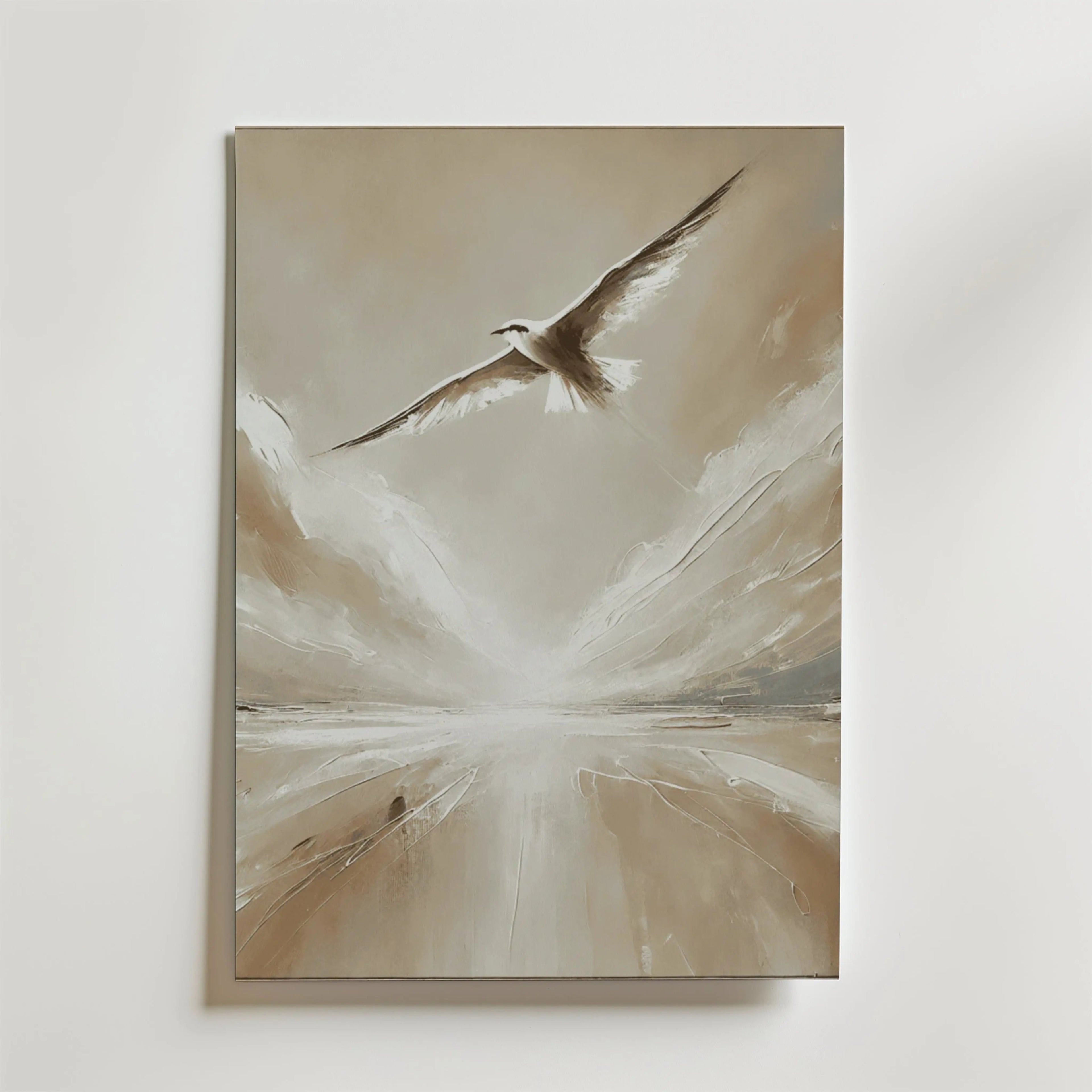 Wings of Silence Poster" av Bozetto föreställer en fågel som svävar över ett molnigt landskap i mjukt beige och brunt, återgivet med livfulla penseldrag på premiumpapper med en lyxig matt finish.