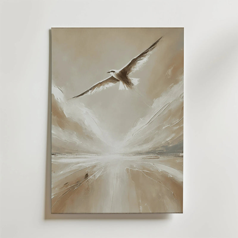 Wings of Silence Poster" av Bozetto föreställer en fågel som svävar över ett molnigt landskap i mjukt beige och brunt, återgivet med livfulla penseldrag på premiumpapper med en lyxig matt finish.