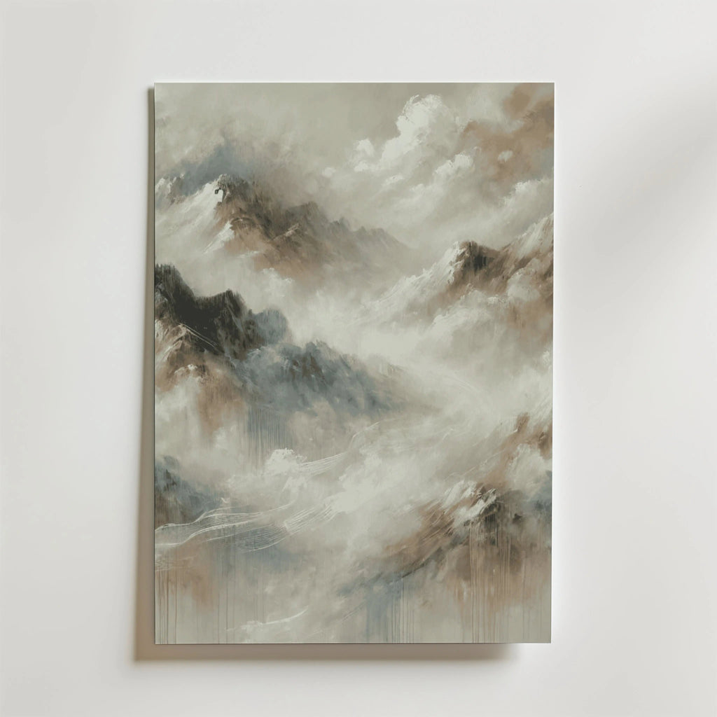 Mountains of Tranquility Poster by Bozetto fångar dimmiga toppar i mjuka nyanser, med virvlande moln för en eterisk look, tryckt på FSC-certifierat premiumpapper för hållbar kvalitet.