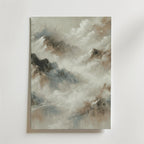 Mountains of Tranquility Poster by Bozetto fångar dimmiga toppar i mjuka nyanser, med virvlande moln för en eterisk look, tryckt på FSC-certifierat premiumpapper för hållbar kvalitet.