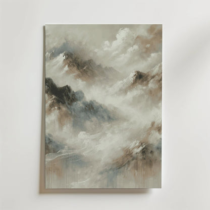 Mountains of Tranquility Poster by Bozetto fångar dimmiga toppar i mjuka nyanser, med virvlande moln för en eterisk look, tryckt på FSC-certifierat premiumpapper för hållbar kvalitet.