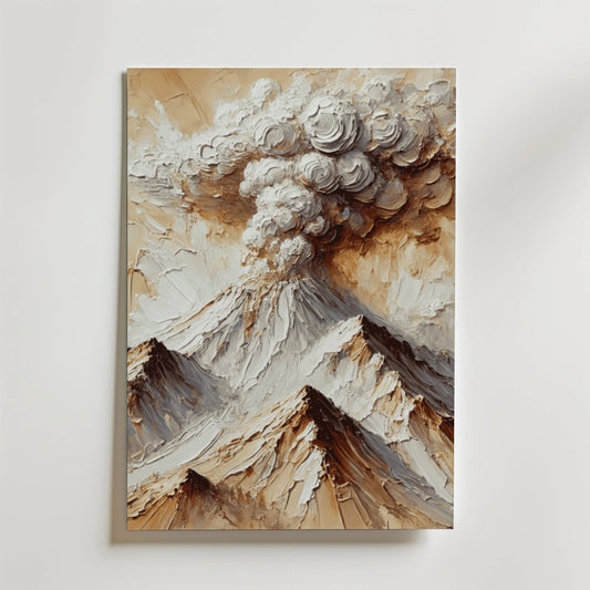 Bozetto Abstract Volcanic Explosion Poster visar en vulkan som får ett utbrott med virvlande rök över snöklädda toppar, mot en ljus bakgrund och tryckt på FSC-certifierat premiumpapper.