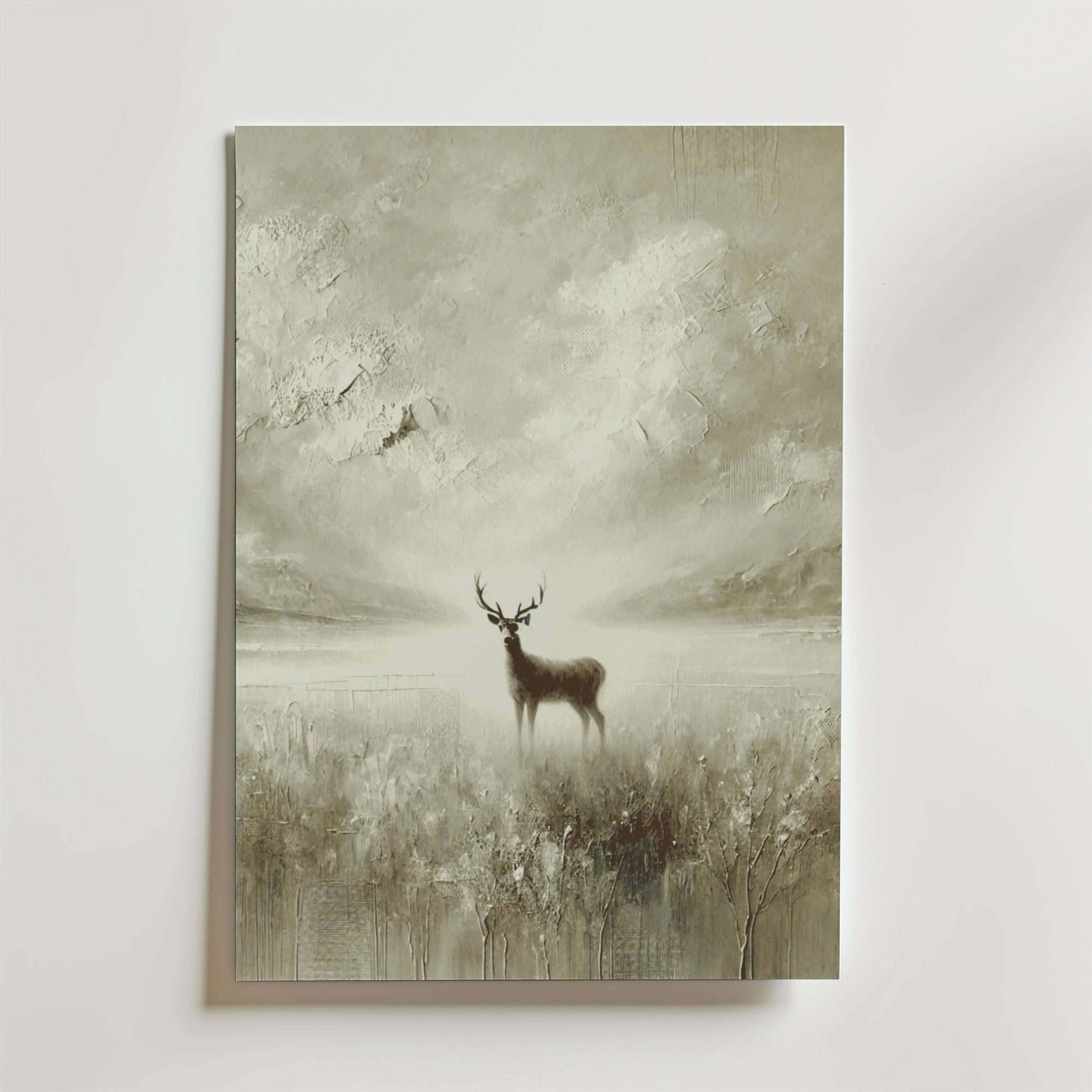 Bozetto Whispering Deer Poster visar en sepiahjort i ett dimmigt landskap på FSC-certifierat premiumpapper med en lyxigt matt yta, vilket skapar en miljövänlig och lugn atmosfär.