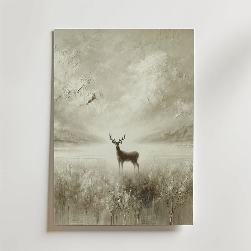 Bozetto Whispering Deer Poster visar en sepiahjort i ett dimmigt landskap på FSC-certifierat premiumpapper med en lyxigt matt yta, vilket skapar en miljövänlig och lugn atmosfär.
