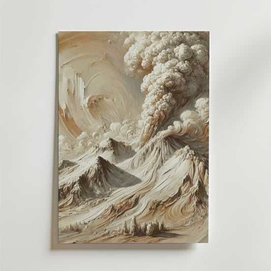 Bozetto Abstract Volcanic Eruption Poster har sepiatoner av rök och aska som stiger från en vulkan, robusta berg och en virvlande himmel, allt tryckt på premiumpapper med en lyxig matt finish.