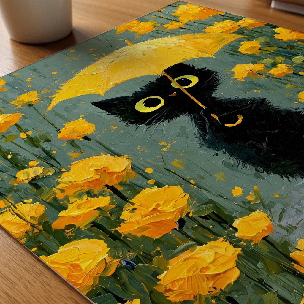 Umbrella Cat in Yellow Garden Poster som print på skrivbord – Bozetto