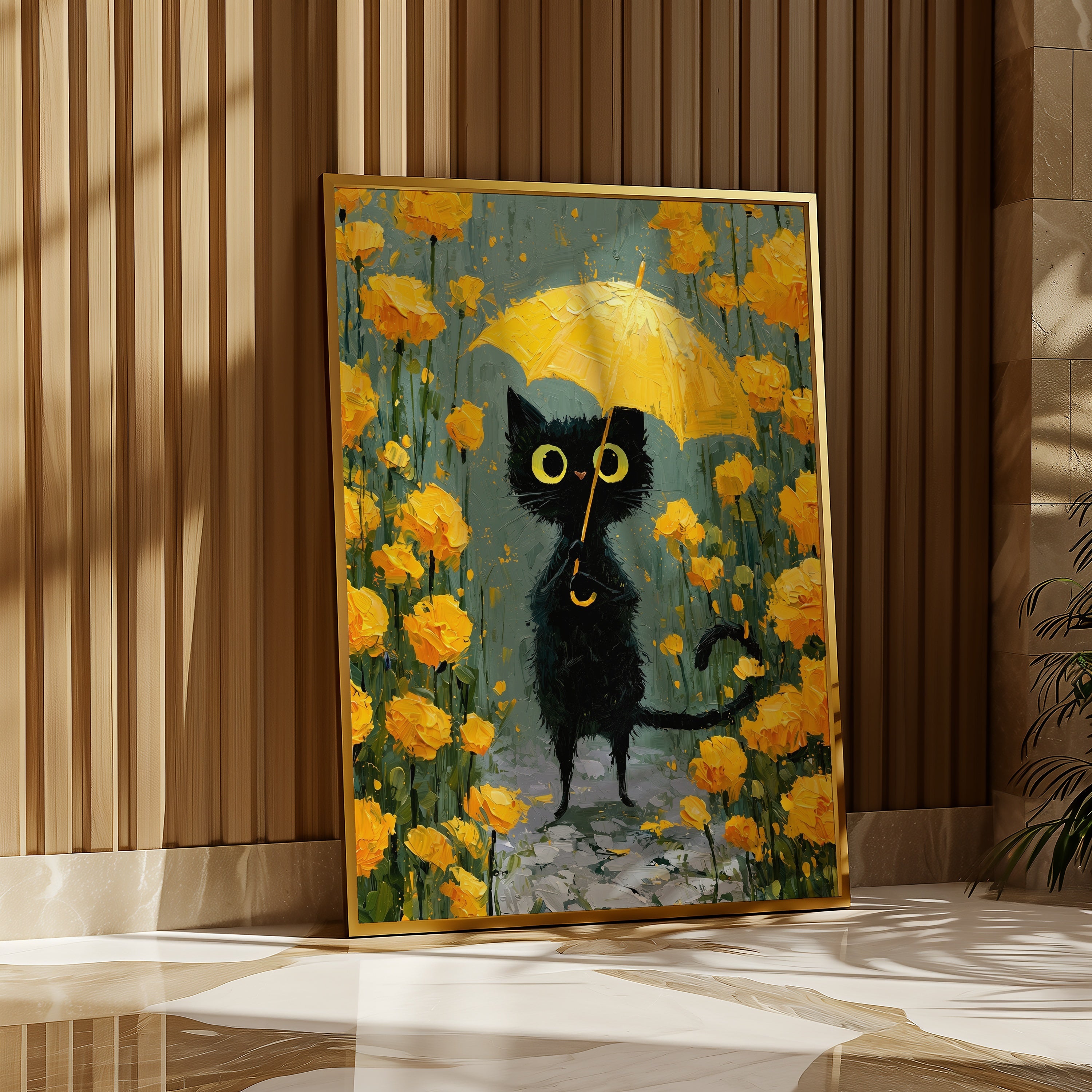 Umbrella Cat in Yellow Garden Poster i ram på vägg i inrett rum