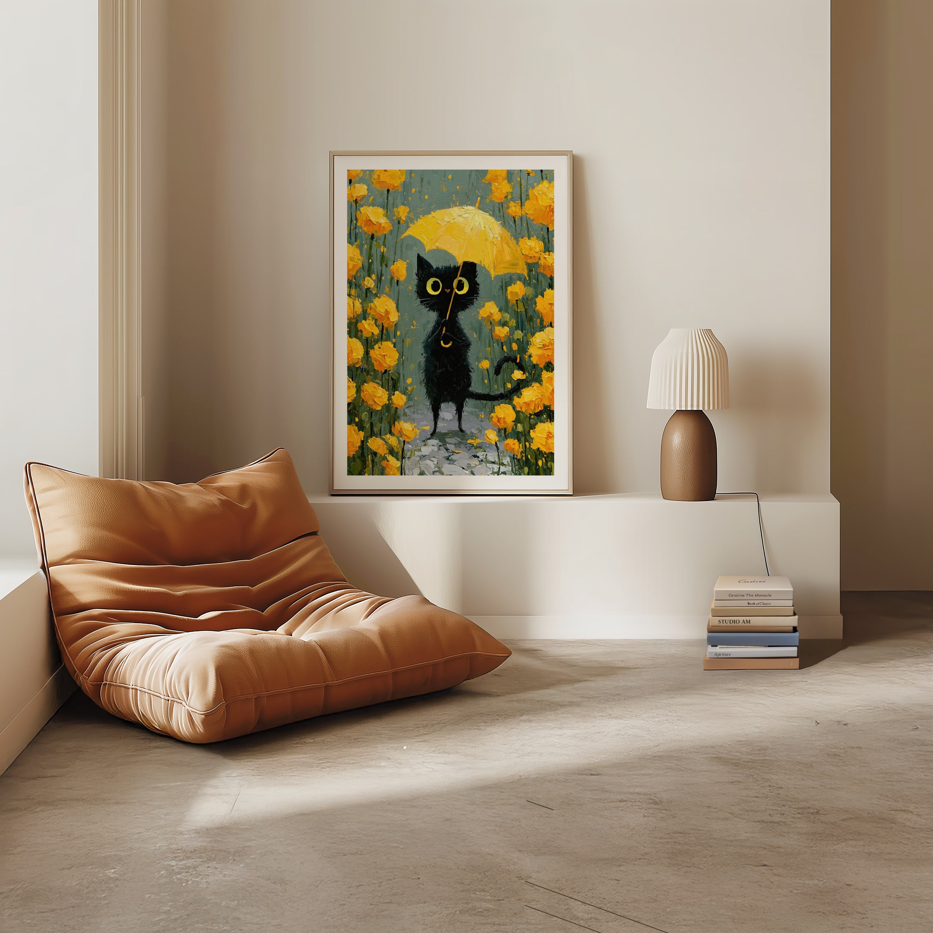 Umbrella Cat in Yellow Garden Poster med passepartout i ram i inrett rum