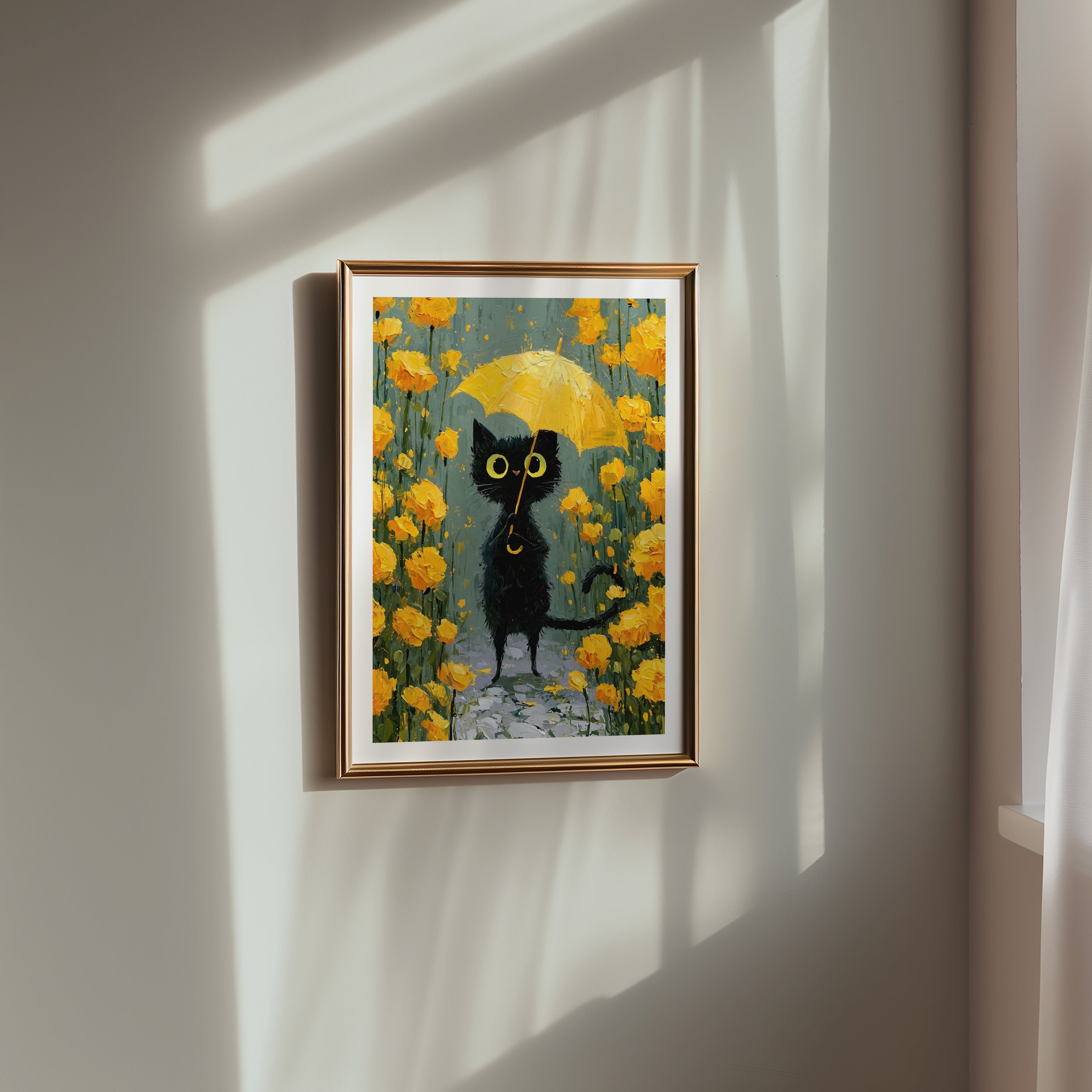 Umbrella Cat in Yellow Garden Poster med passepartout i ram på vägg