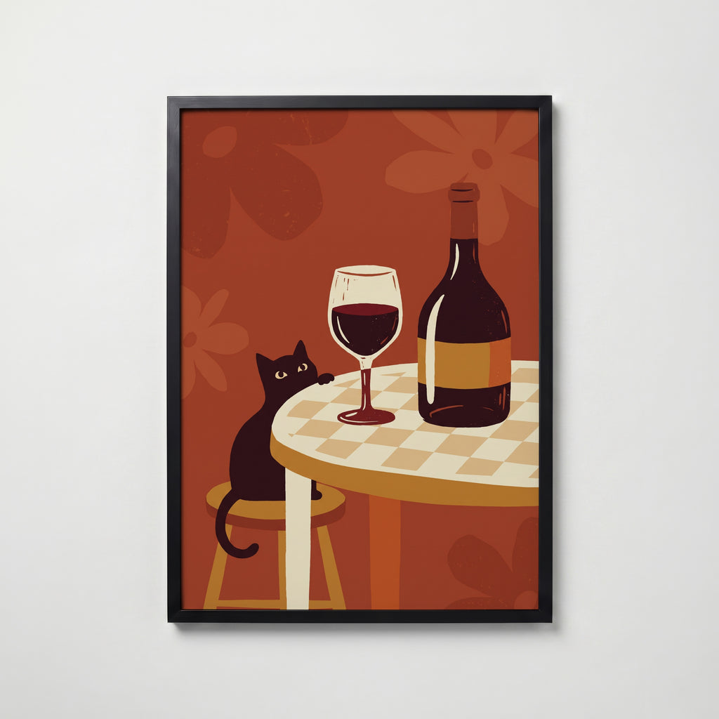 Wine Hour Cat Poster – svart ram